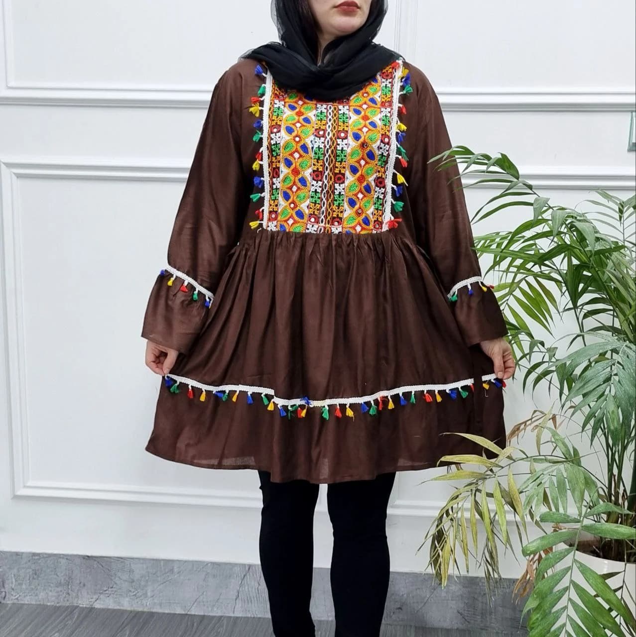تونیک نخی منگوله دار گلدوزی هندی/کد2722