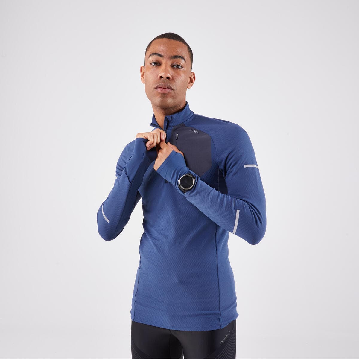 تی شرت مردانه دویدن آستین بلند مشکی / آبی – Kiprun Run 900 Warm