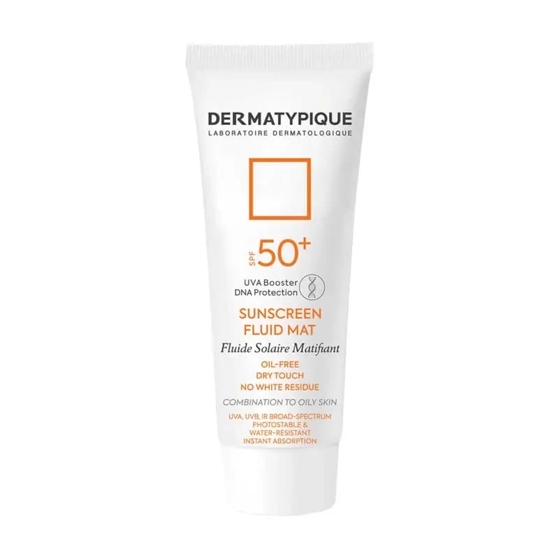 فلوئید ضد آفتاب بی رنگ درماتیپیک SPF50 مدل Fluid mat مناسب پوست های چرب و مختلط حجم 40 میل