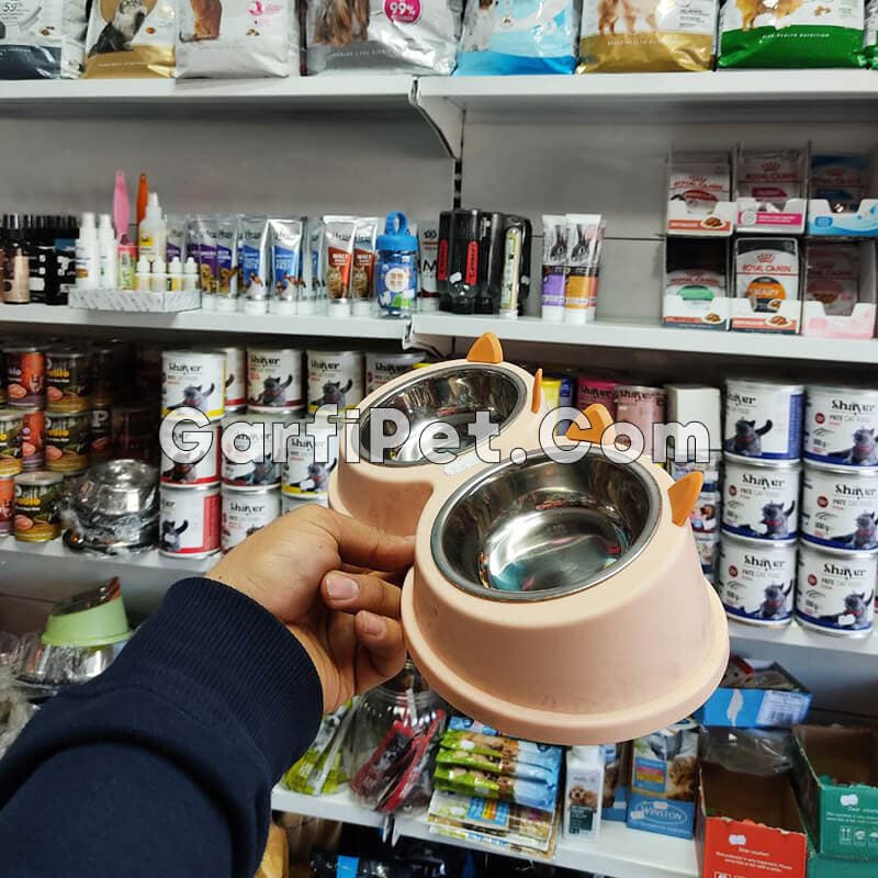 ظرف آب و غذای سگ و گربه؛ مدل خرسی (دوقلو کاسه استیل) — تصویر ۳