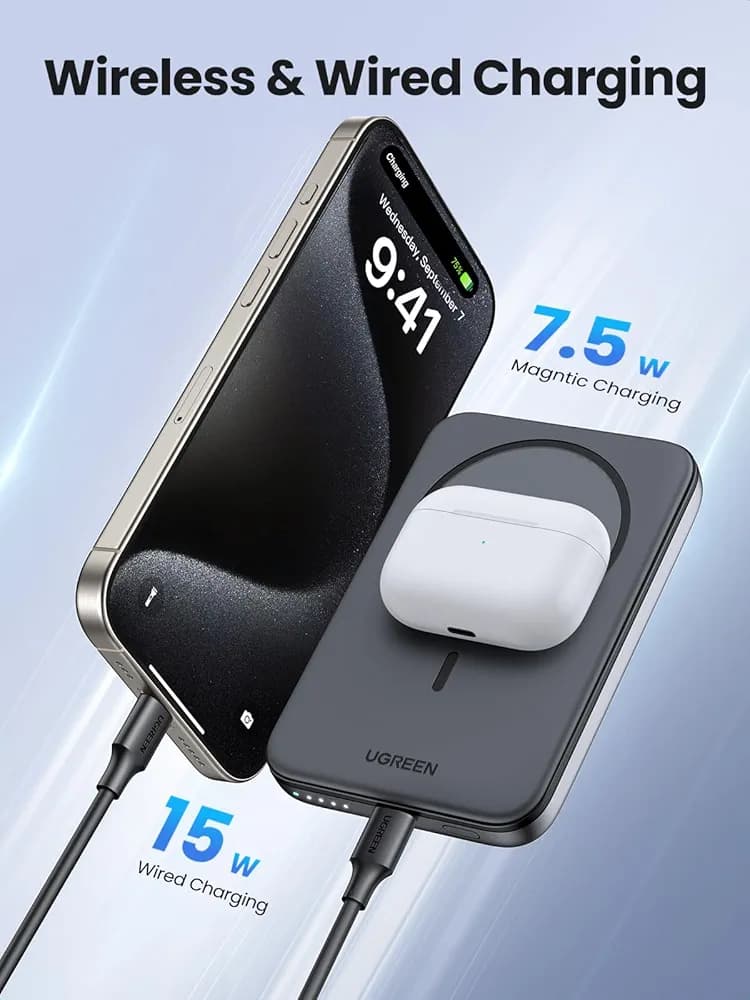 پاوربانک وايرلسی برند UGREEN مشکی 5000 میلی آمپر — تصویر ۳