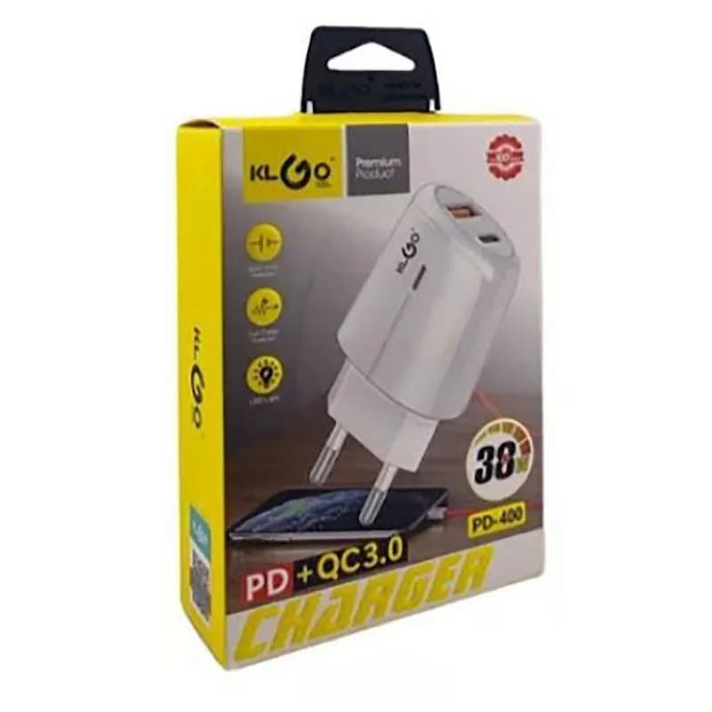 آداپتور شارژ 2 پورت USB-A و USB-C شارژ سریع 30 وات KLGO مدل PD-400 کدN1012 — تصویر ۵