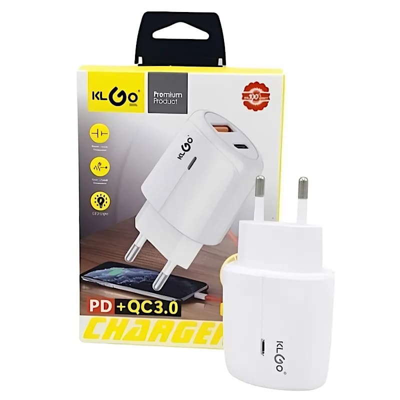 آداپتور شارژ 2 پورت USB-A و USB-C شارژ سریع 30 وات KLGO مدل PD-400 کدN1012 — تصویر ۲