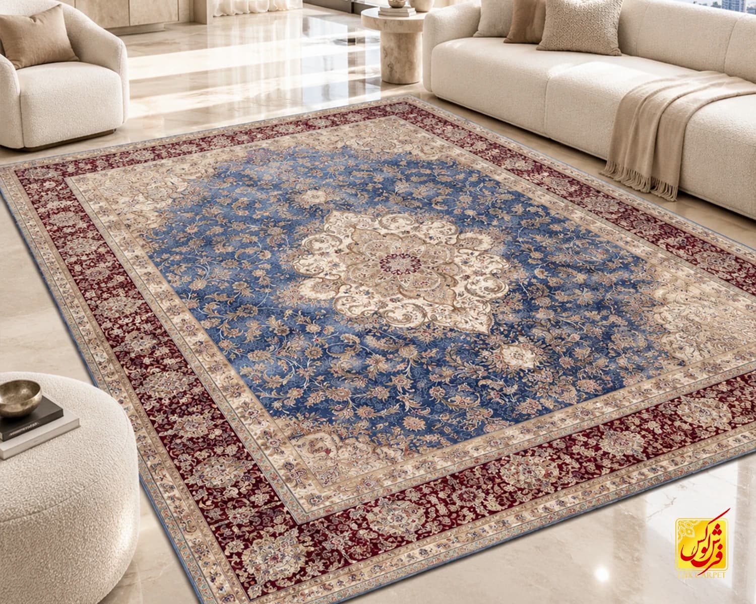 فرش کلاسیک 7555 آبی حاشیه شرابی