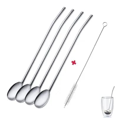۴ عدد قاشق نی + ۱ عدد برس تمیز کننده Drinking Straw Spoons وست مارک — تصویر ۲