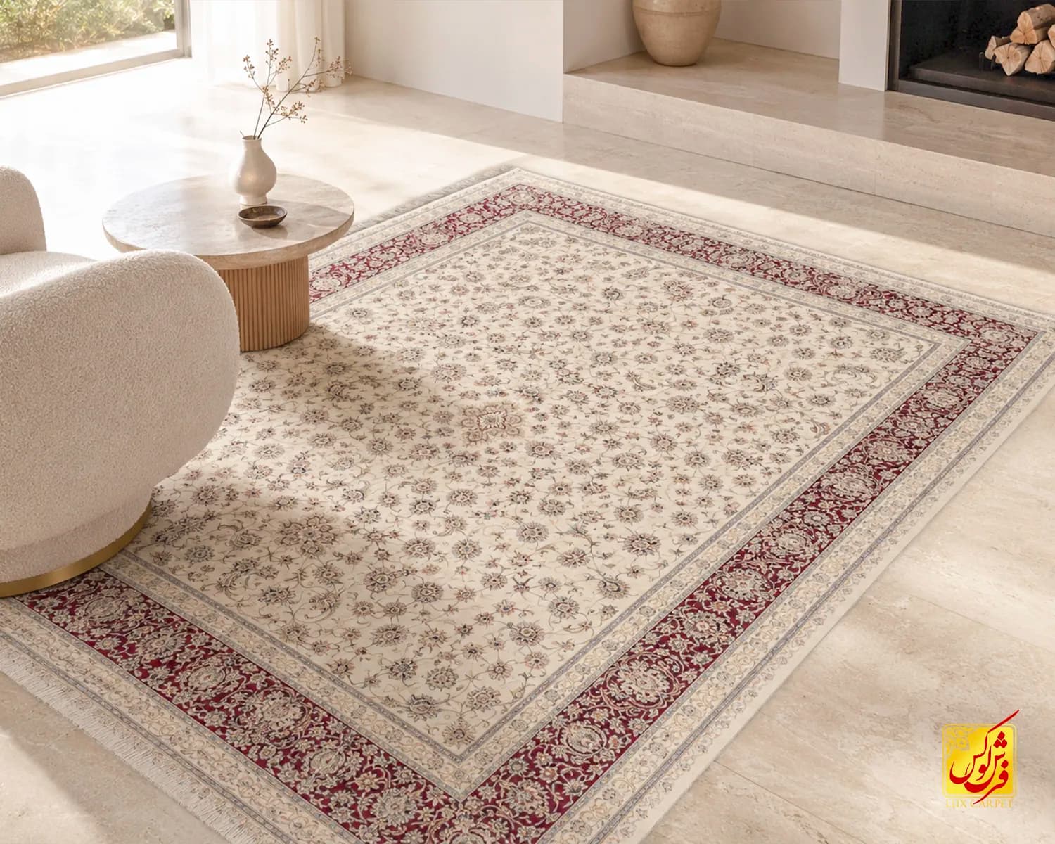 فرش کلاسیک 7502 کرم حاشیه شرابی