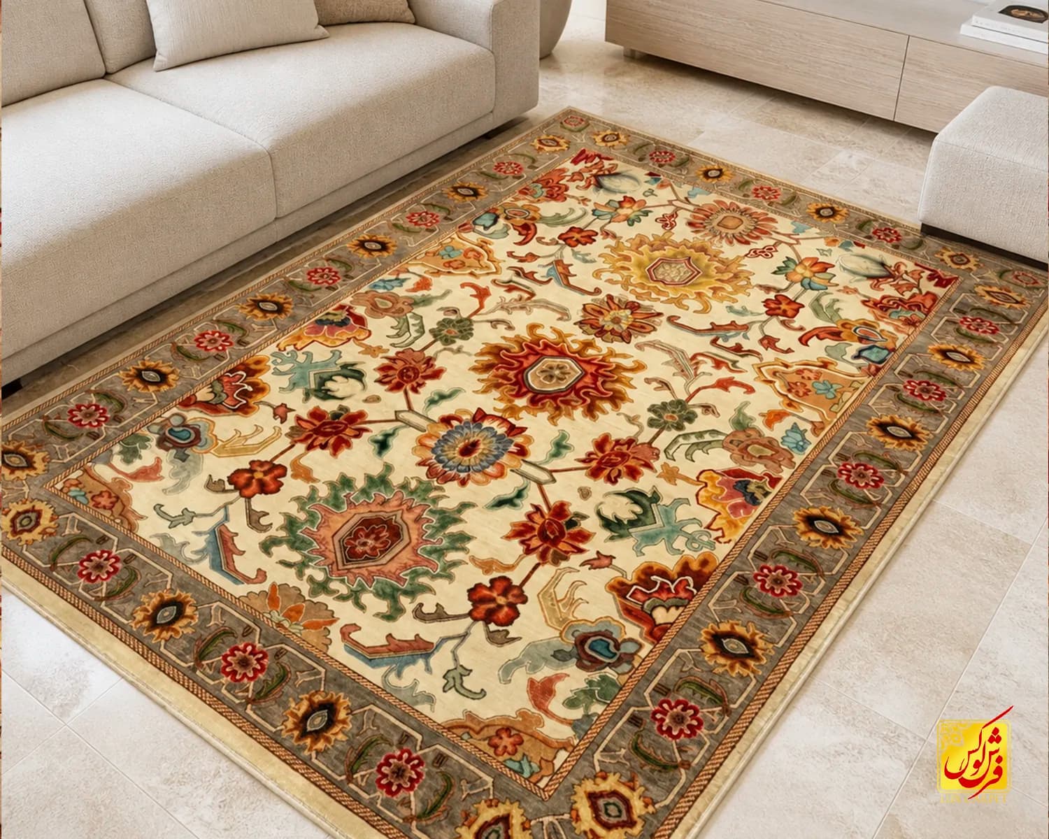 فرش ابریشم ماشینی L1021 کرم