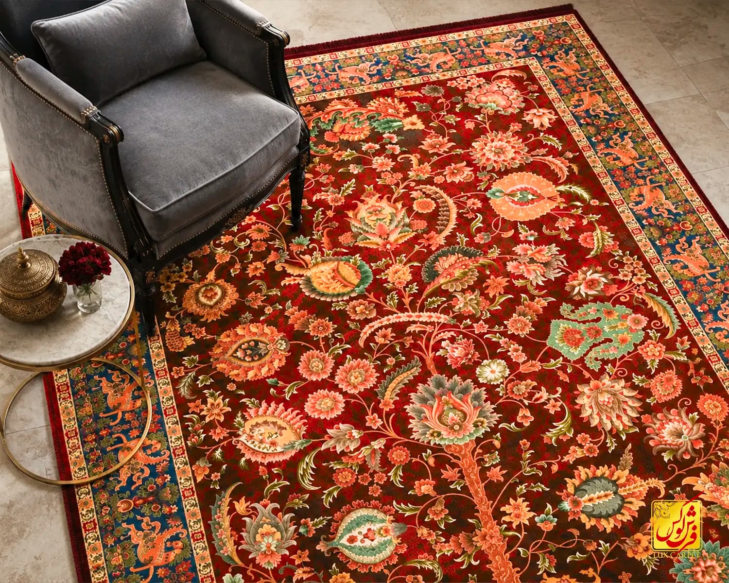 فرش ابریشم ماشینی باغ جاودان L1028 لاکی