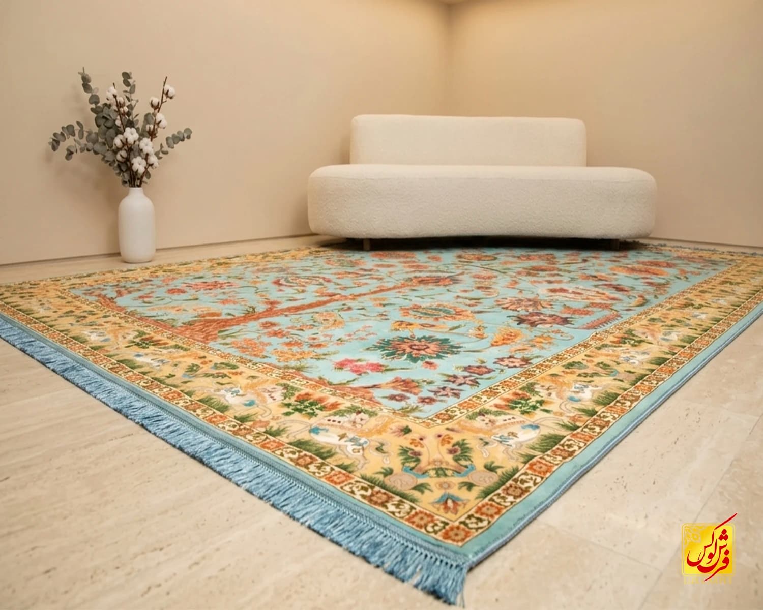 فرش ابریشم ماشینی باغ جاودان L1022 آبی
