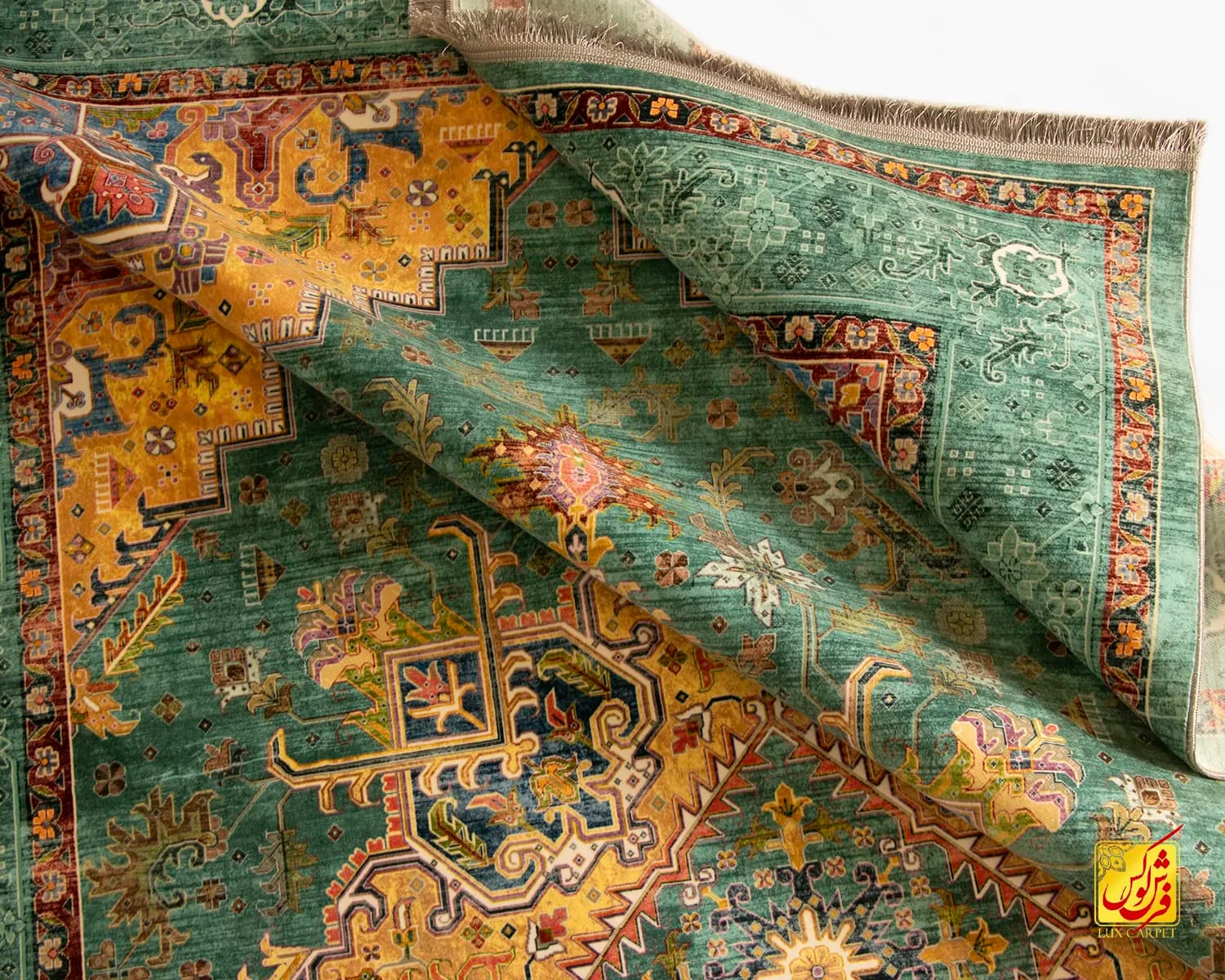فرش ابریشم ماشینی T1092 فیروزه‌ای — تصویر ۸