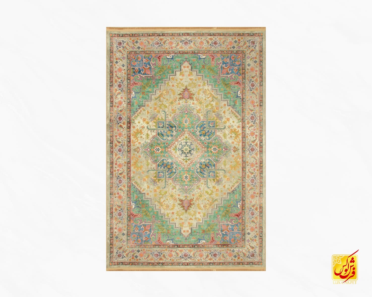 فرش ابریشم ماشینی T1091 کرم سبز — تصویر ۲