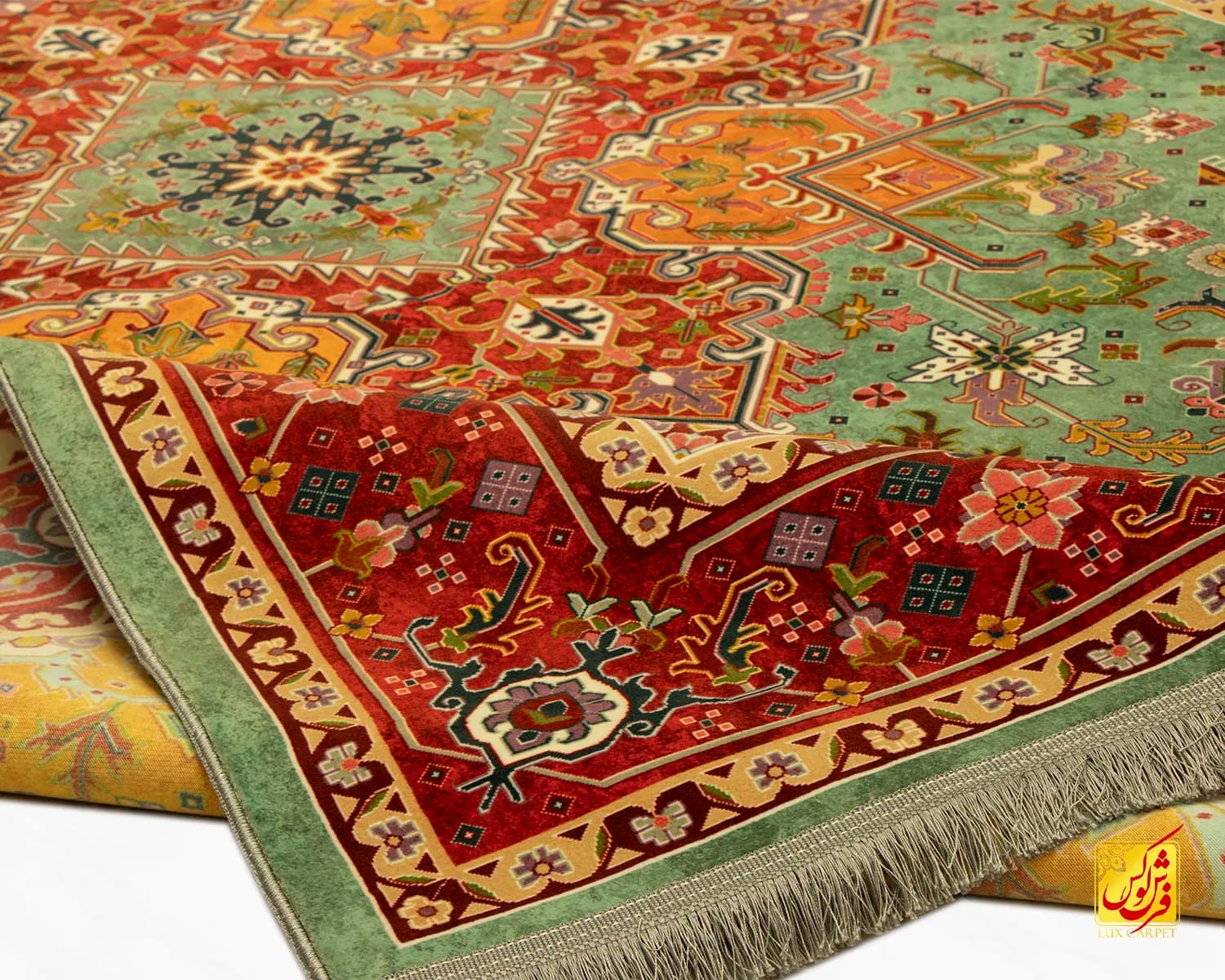 فرش ابریشم ماشینی T1088 سبز حاشیه لاکی — تصویر ۶