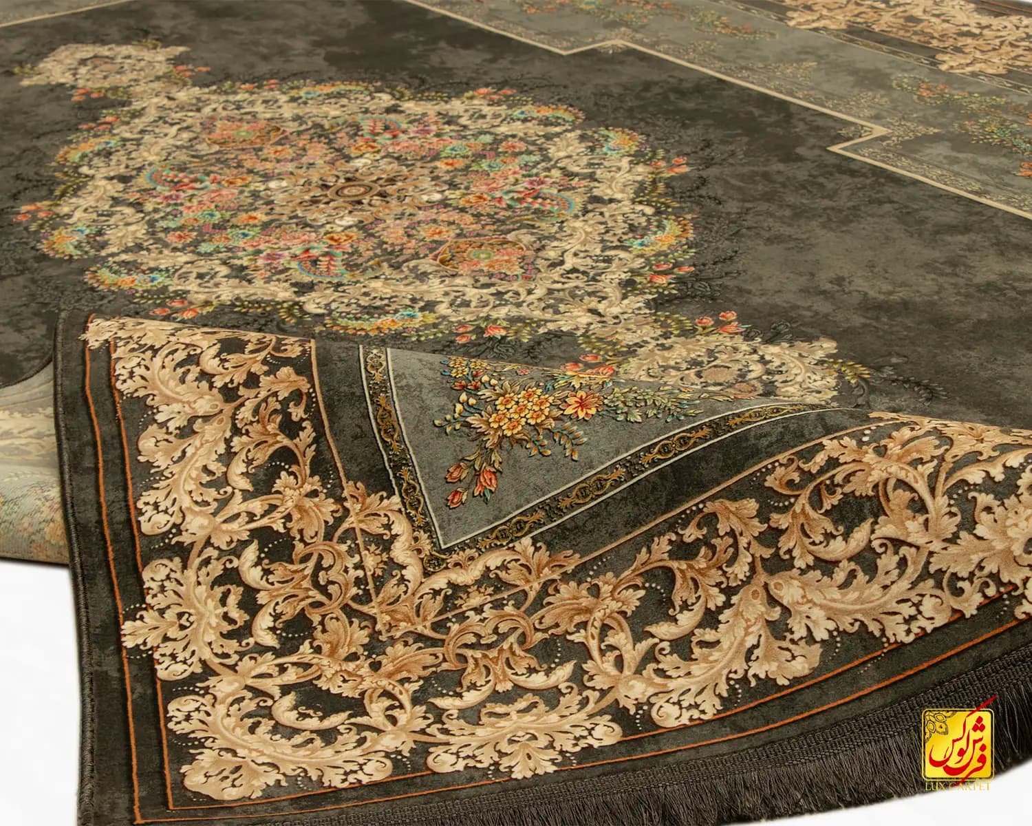 فرش ابریشم ماشینی T1083 ذغالی طوسی — تصویر ۴