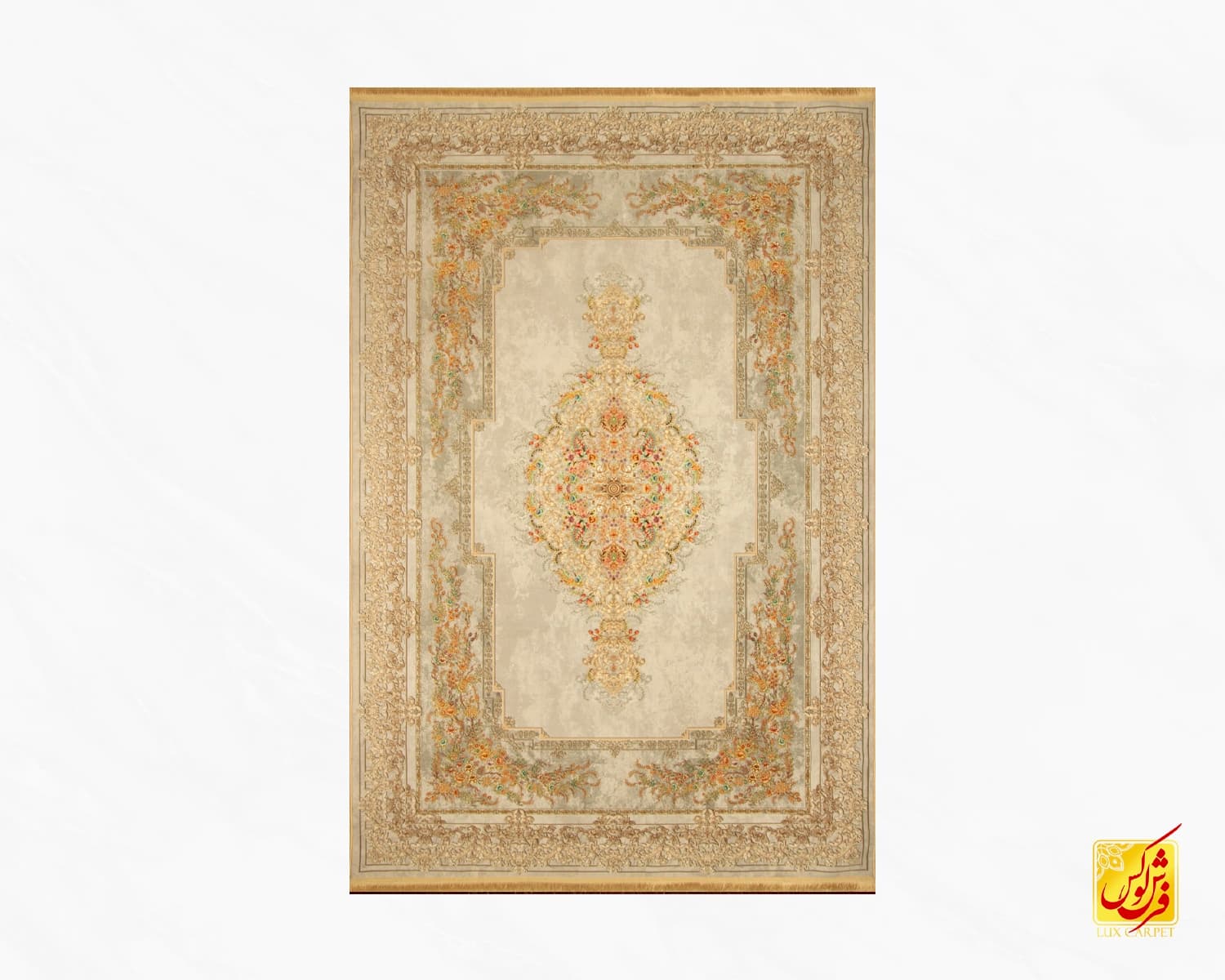 فرش ابریشم ماشینی T1082 کرم طوسی — تصویر ۲