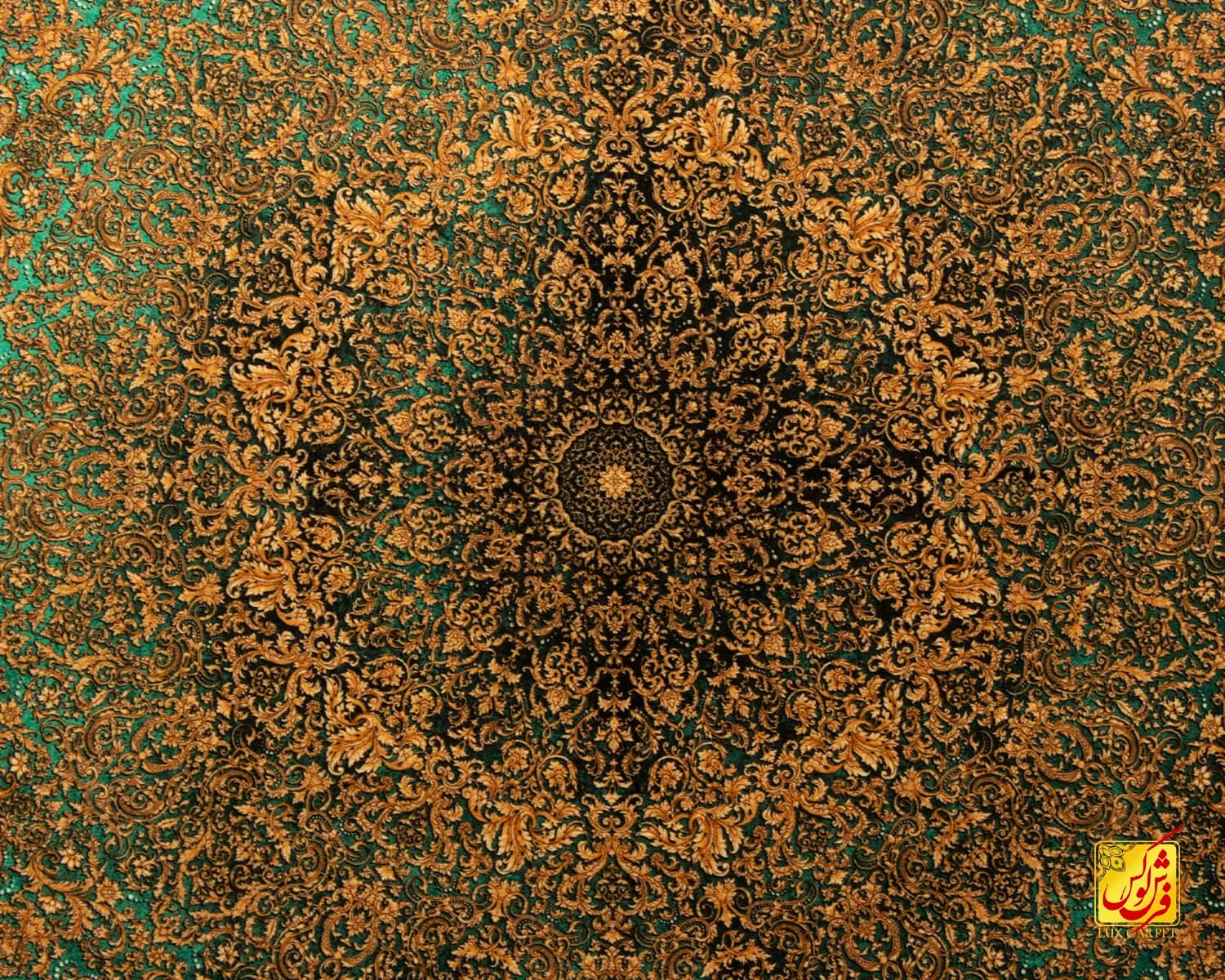 فرش ابریشم ماشینی B1061 سبز طلایی — تصویر ۳