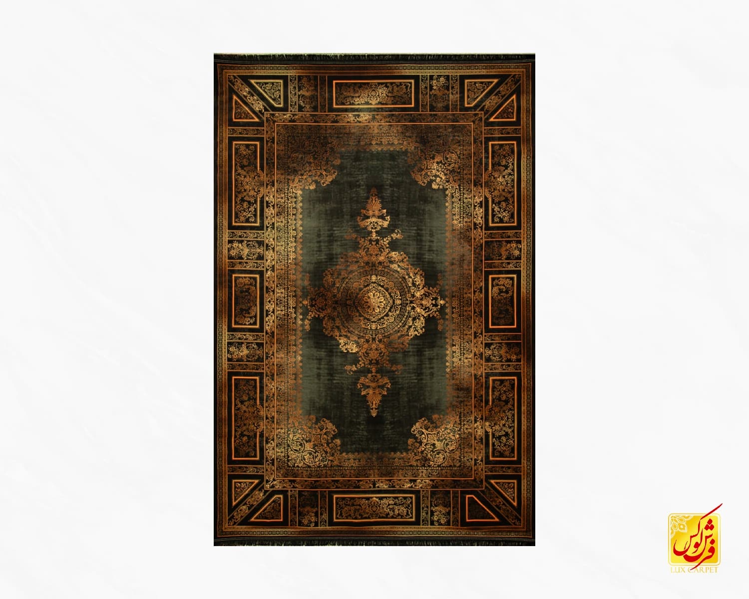 فرش ابریشم ماشینی D1060 ذغالی طلایی — تصویر ۲
