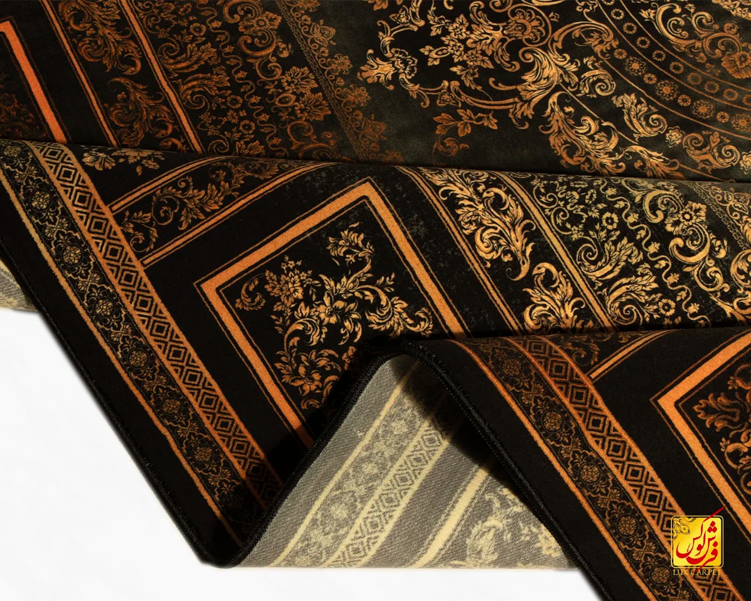 فرش ابریشم ماشینی D1060 ذغالی طلایی — تصویر ۷