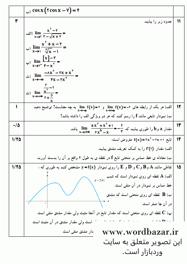 نمونه سوال ریاضی 3 دوازدهم تجربی نوبت اول سری دوم در قالب ورد و قابل ویرایش — تصویر ۳