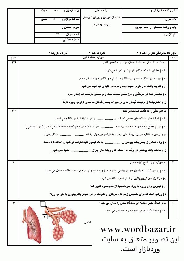 نمونه سوال زیست دهم تجربی نوبت دوم و شهریور سری اول در قالب ورد و قابل ویرایش — تصویر ۴