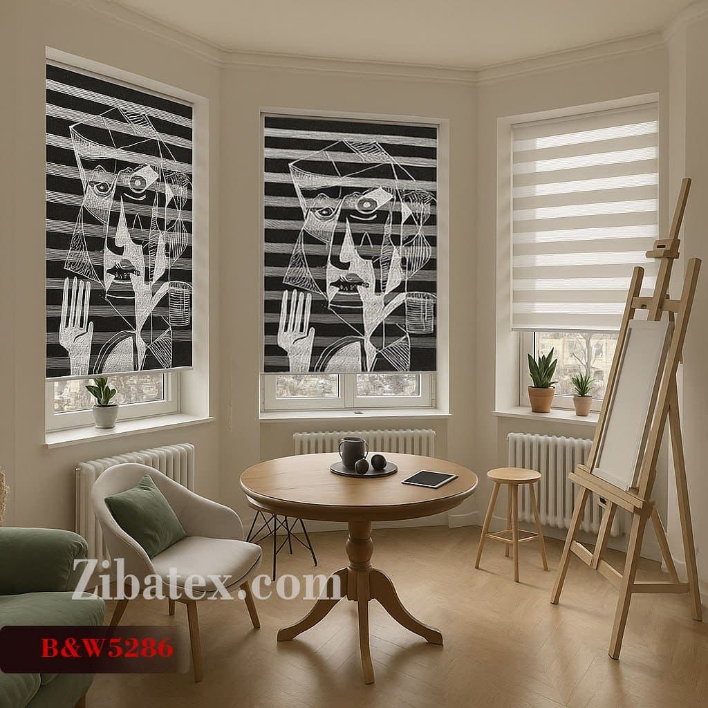 پرده زبرا چاپی طرح چهره هندسی کد B&W 5286