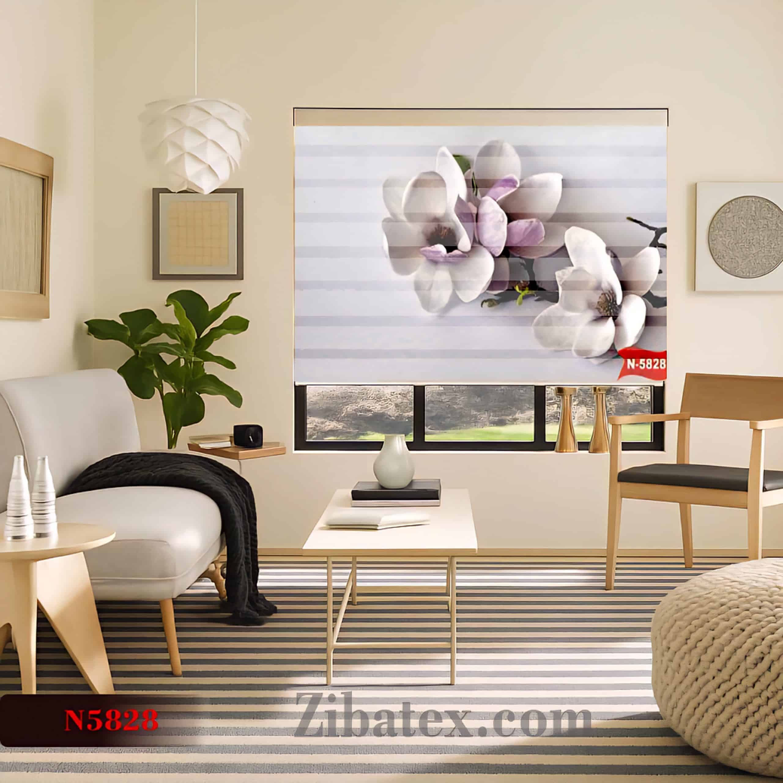 پرده زبرا چاپی طرح گل نیلوفر سفید کد N 5828