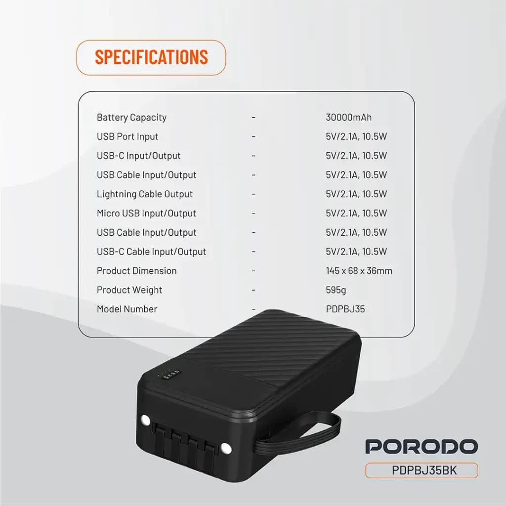 پاوربانک 30000 هزار 10 وات پیانو پرودو مدل Porodo Piano 30000mAh 10w PDPBJ35BK — تصویر ۷