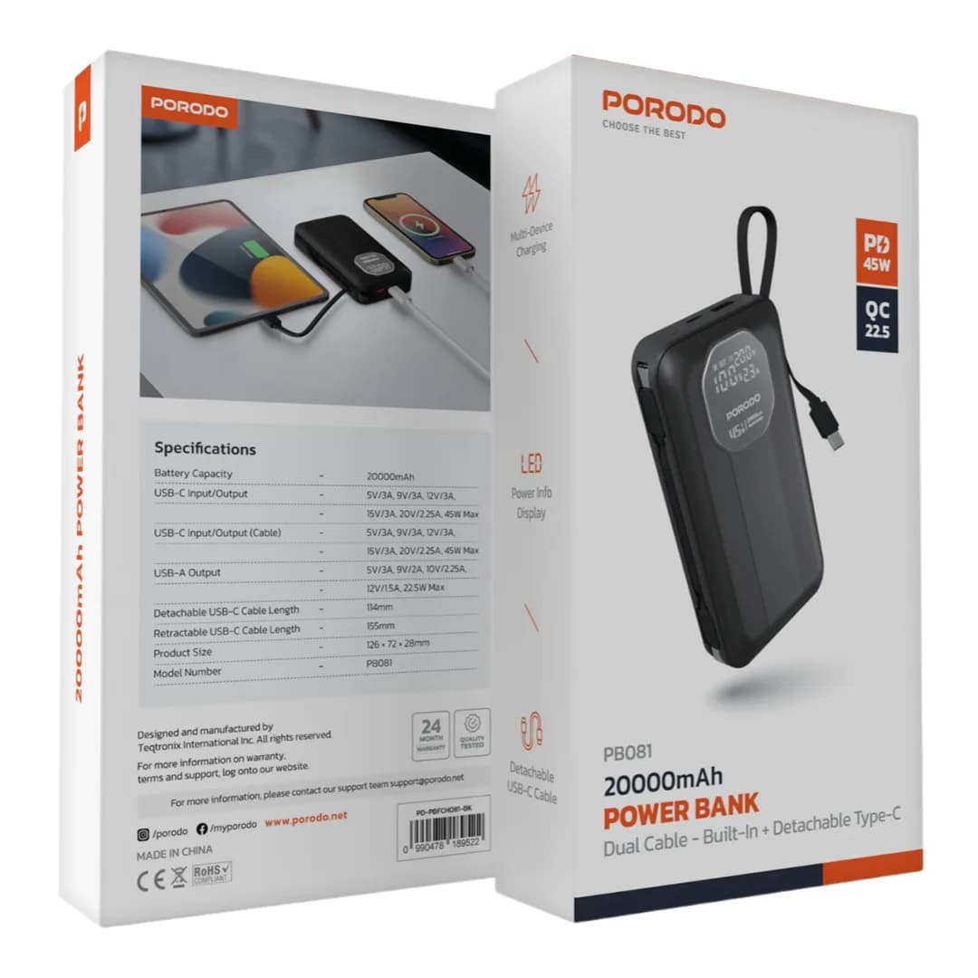 پاور بانک 20000mAH سوپرفست کابل متصل پرودو مدل Porodo PB081 45w — تصویر ۴