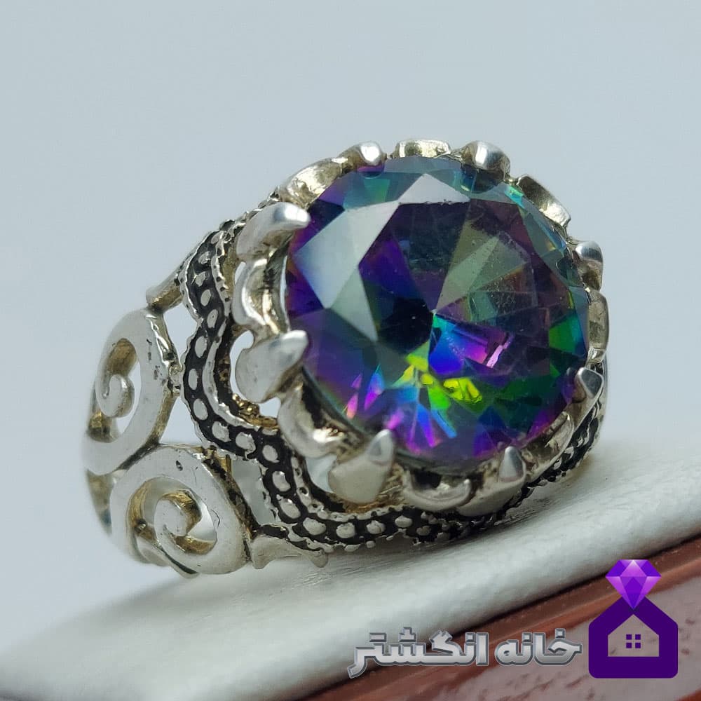 انگشتر جواهری توپاز هفت رنگ رکاب شبکه کد 109 — تصویر ۲