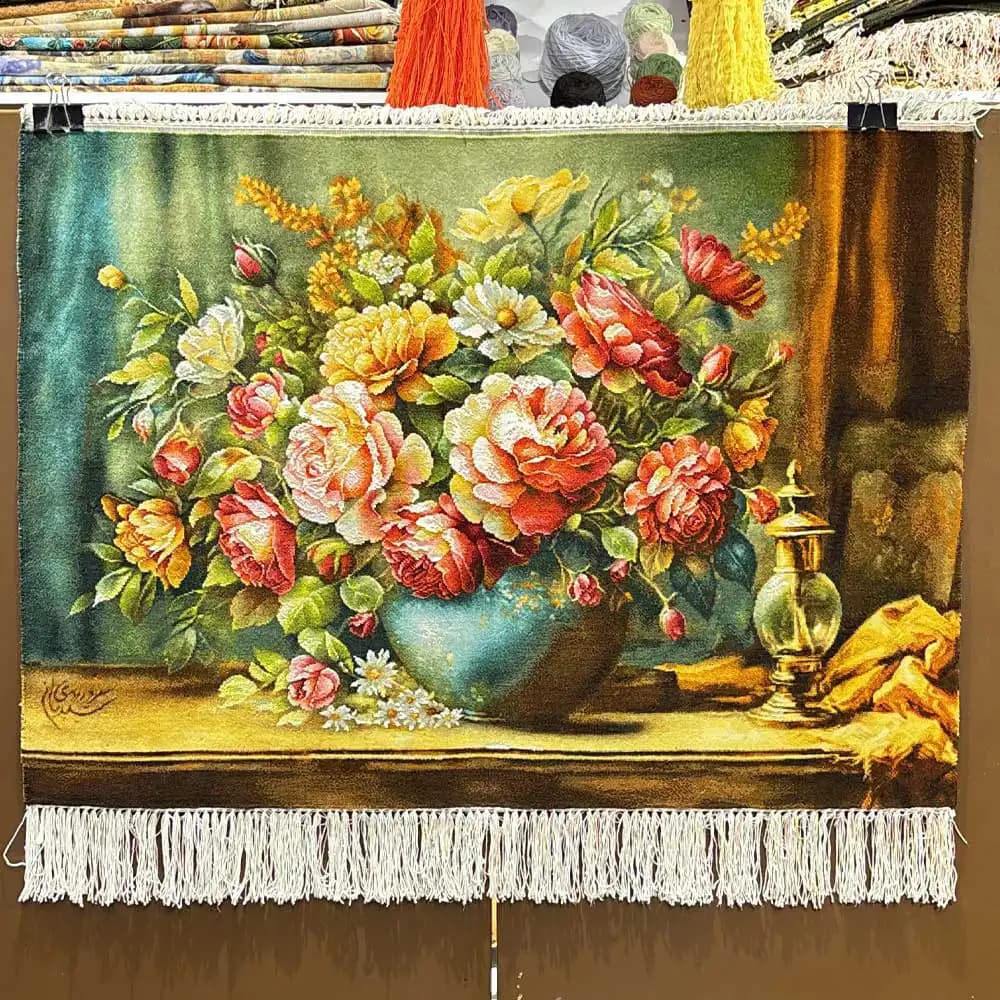تابلو فرش دستبافت رز فیروزه‌ ای — تصویر ۳