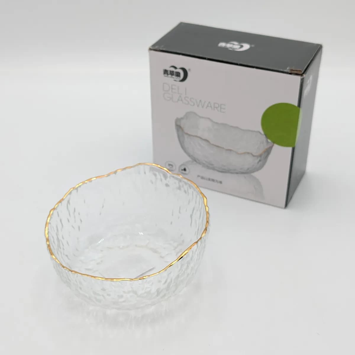 پیاله شیشه‌ای لبه طلایی طرح برجسته برند Deli Glass چین _ شناسه کالا : DX4005AR
