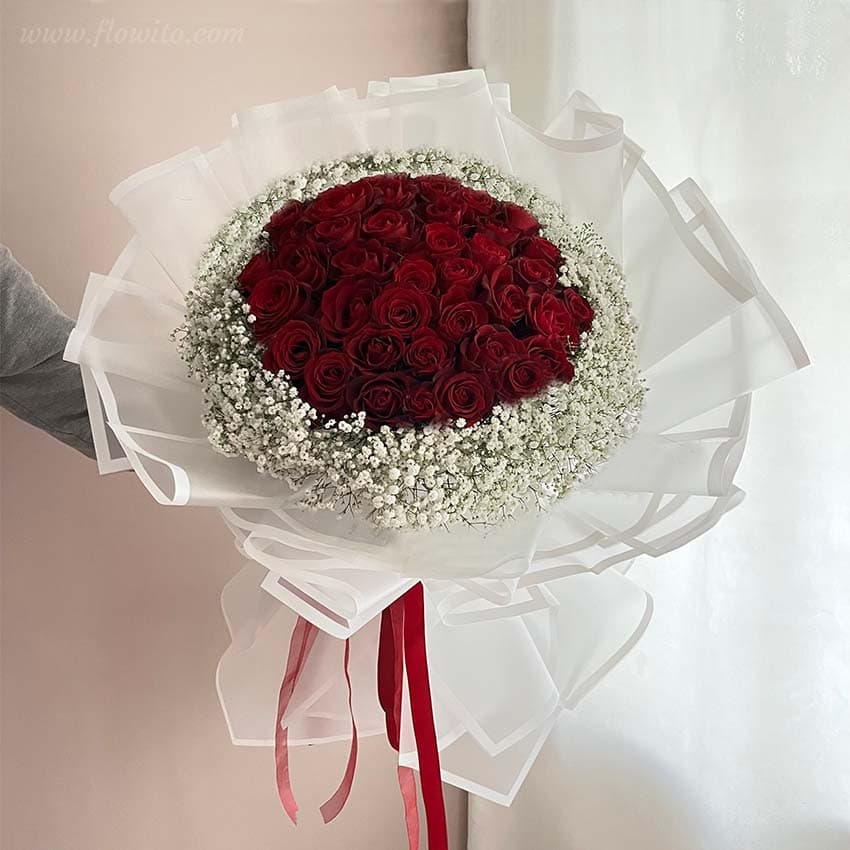 دسته گل رز و ژیپسوفیلا کد 30
