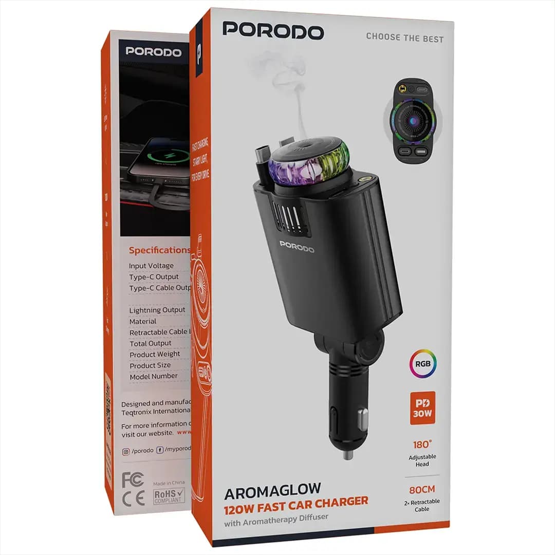 شارژر فندکی پرودو مدل Porodo AromaGlow 120W Fast Car Charger with Aromatherapy Diffuser | شارژ سریع 120 وات با خوشبوکننده خودرو — تصویر ۲