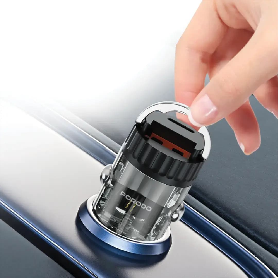 شارژر فندکی پرودو مدل Porodo Dual Port Transparent Car Charger with Pull Ring Handle | فست شارژ 36W، طراحی شفاف و USB-C + USB-A — تصویر ۳