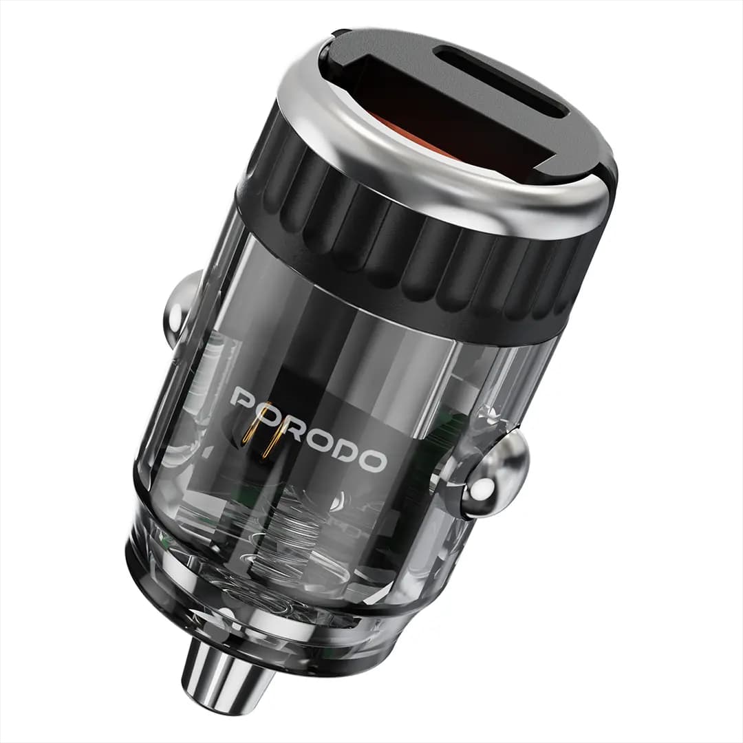 شارژر فندکی پرودو مدل Porodo Dual Port Transparent Car Charger with Pull Ring Handle | فست شارژ 36W، طراحی شفاف و USB-C + USB-A