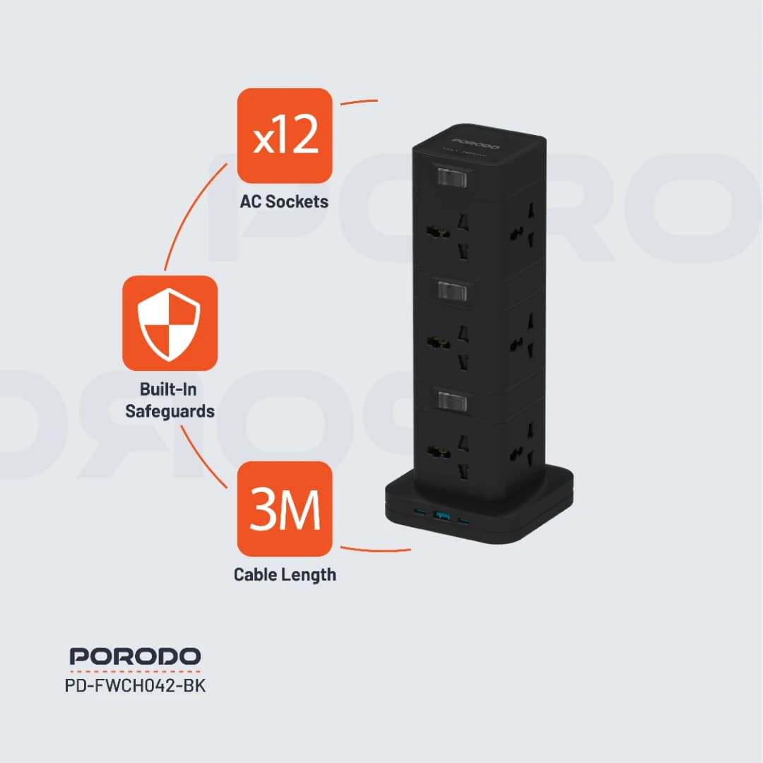 چندراهی برق هوشمند پرودو مدل Porodo Three-Story 12AC Power Hub PD-FWCH042 | 12 پریز، USB-C PD و QC 3.0، توان 2500W — تصویر ۳