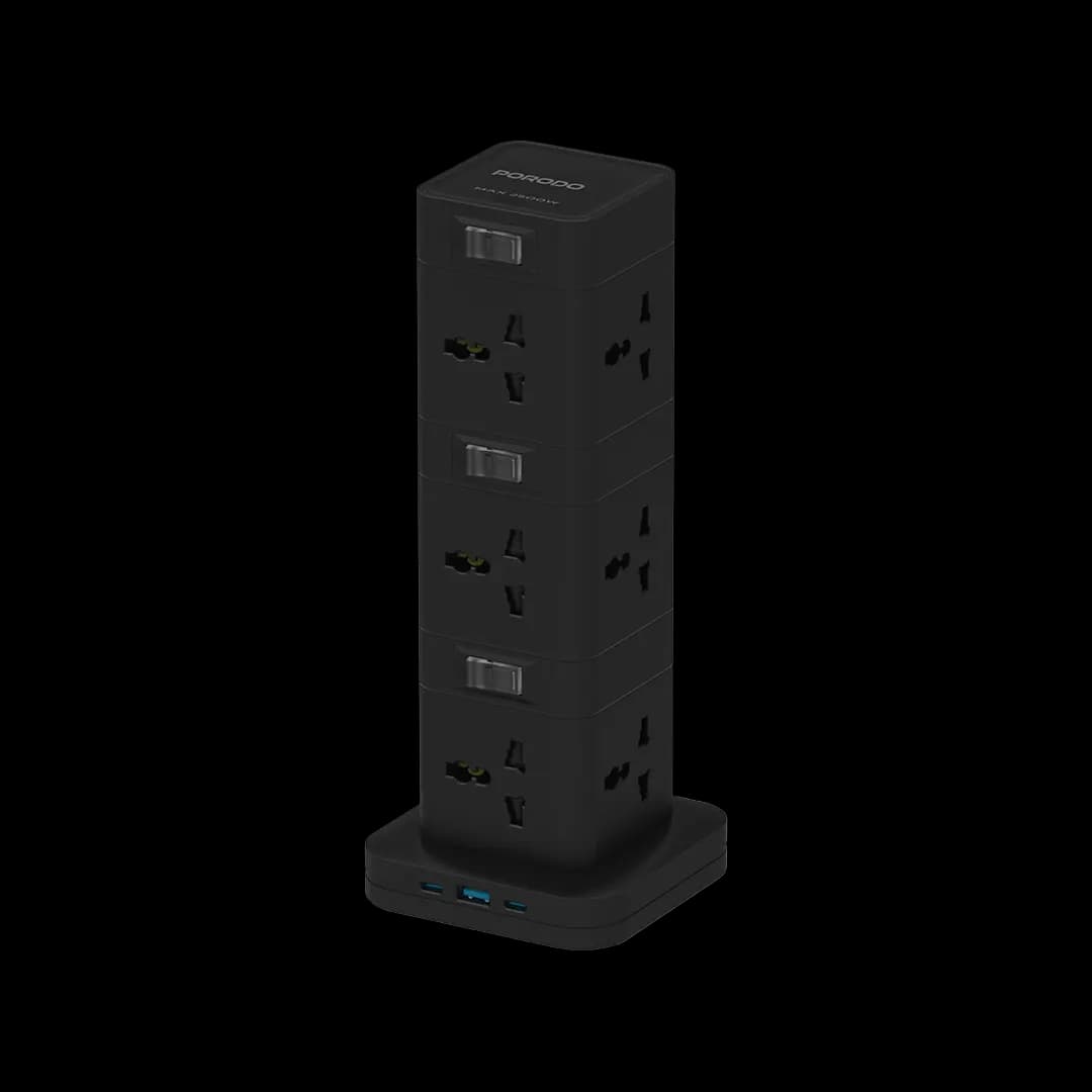 چندراهی برق هوشمند پرودو مدل Porodo Three-Story 12AC Power Hub PD-FWCH042 | 12 پریز، USB-C PD و QC 3.0، توان 2500W
