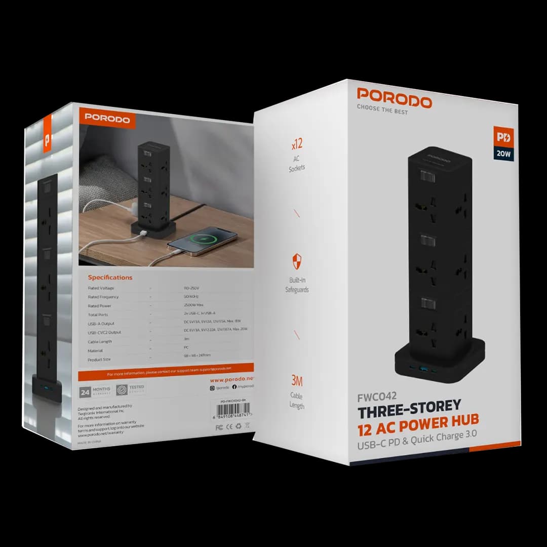 چندراهی برق هوشمند پرودو مدل Porodo Three-Story 12AC Power Hub PD-FWCH042 | 12 پریز، USB-C PD و QC 3.0، توان 2500W — تصویر ۲