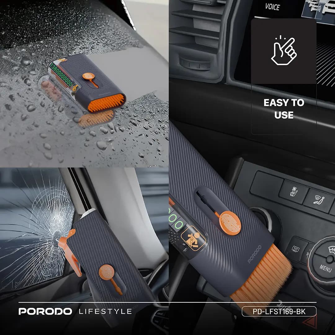 کیت اضطراری خودرو پرودو مدل Porodo Vehicle Emergency Safety Kit | ابزار نجات، چکش شیشه‌شکن و ست تمیزکاری خودرو — تصویر ۵