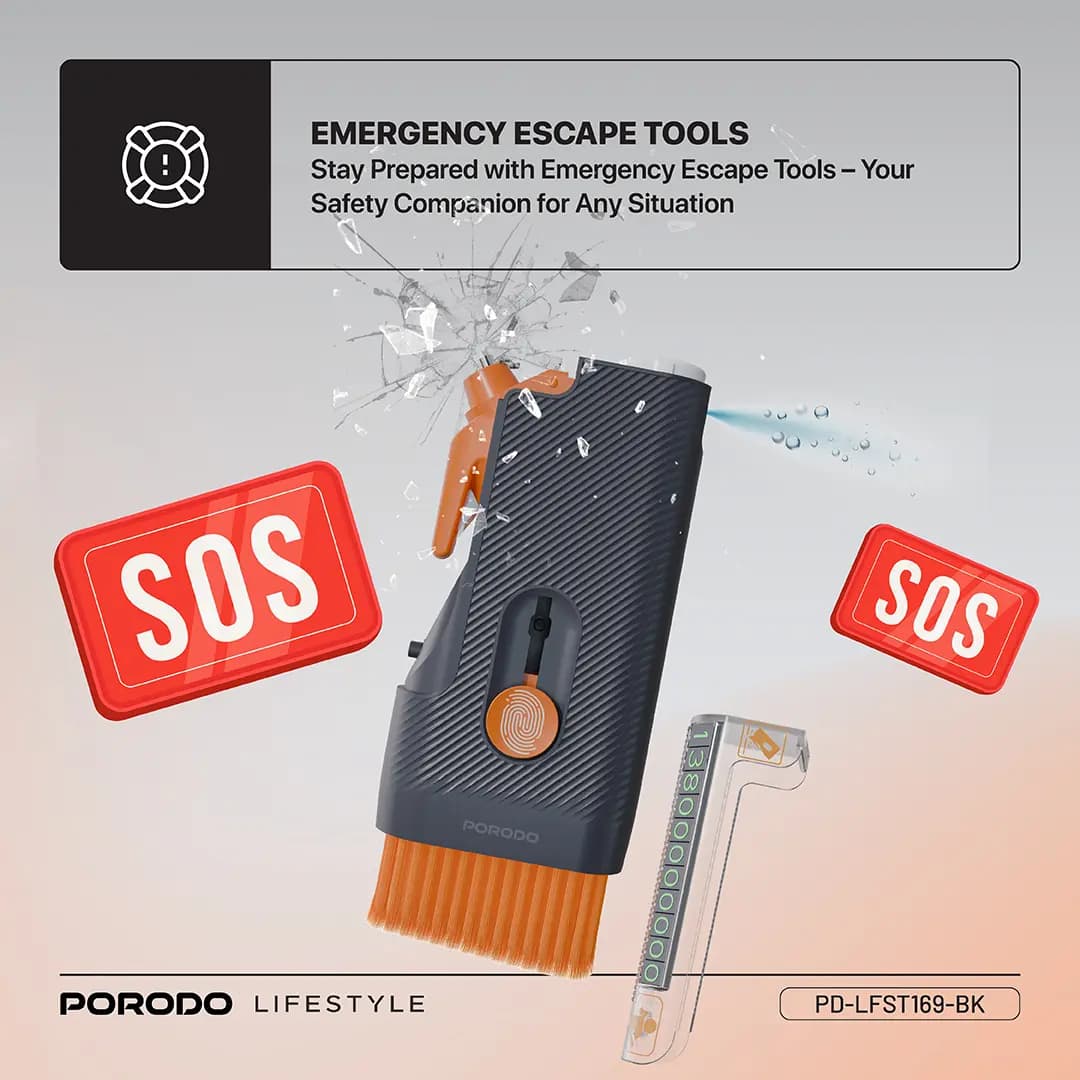 کیت اضطراری خودرو پرودو مدل Porodo Vehicle Emergency Safety Kit | ابزار نجات، چکش شیشه‌شکن و ست تمیزکاری خودرو — تصویر ۶