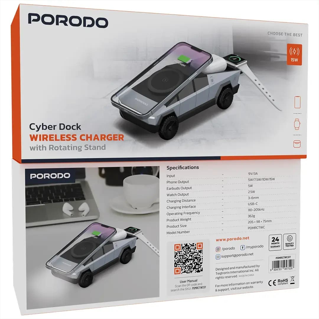 شارژر وایرلس پرودو مدل Cyber Dock Wireless Charger with Rotating Stand PDMRCTWC | شارژ 3 دستگاه، چرخش 90 درجه و فست شارژ 15W — تصویر ۵