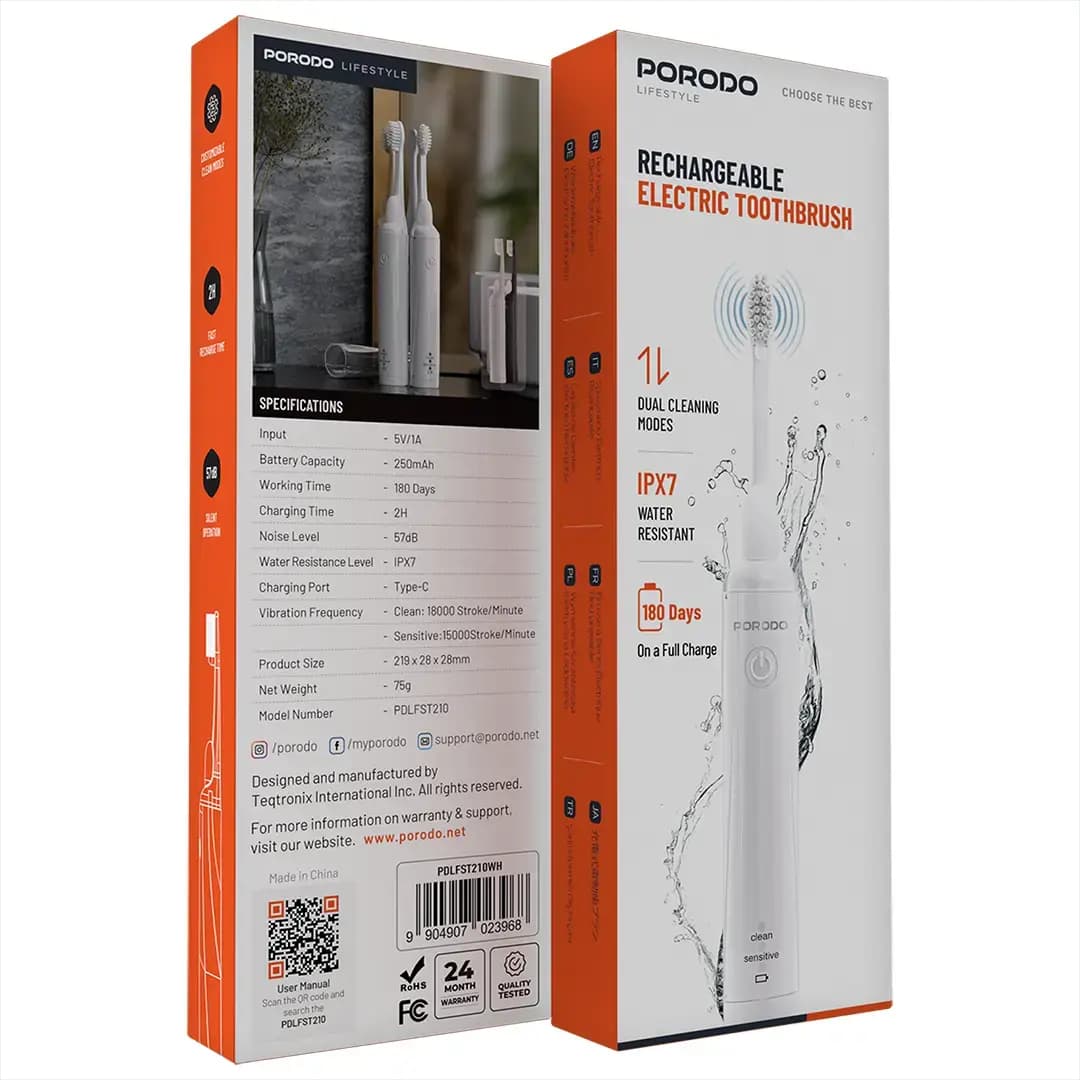 مسواک برقی شارژی پرودو مدل Porodo Lifestyle Rechargeable Electric Toothbrush PDLFST210 | شارژ Type-C و باتری 180 روزه — تصویر ۴