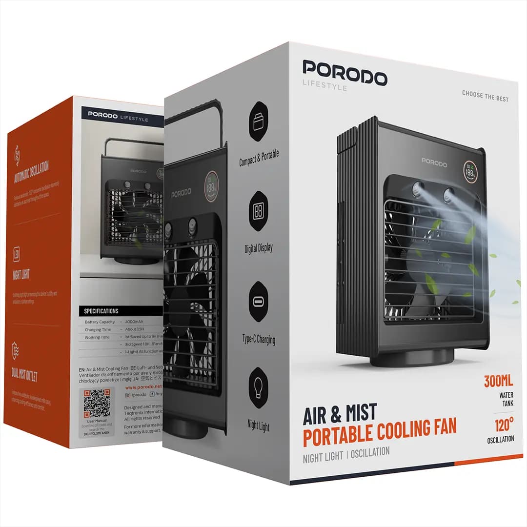 پنکه مه‌پاش شارژی پرودو مدل Porodo Lifestyle Air & Mist Portable Cooling Fan PDLSMFANBK | چراغ خواب، چرخش خودکار و باتری 4000mAh — تصویر ۴