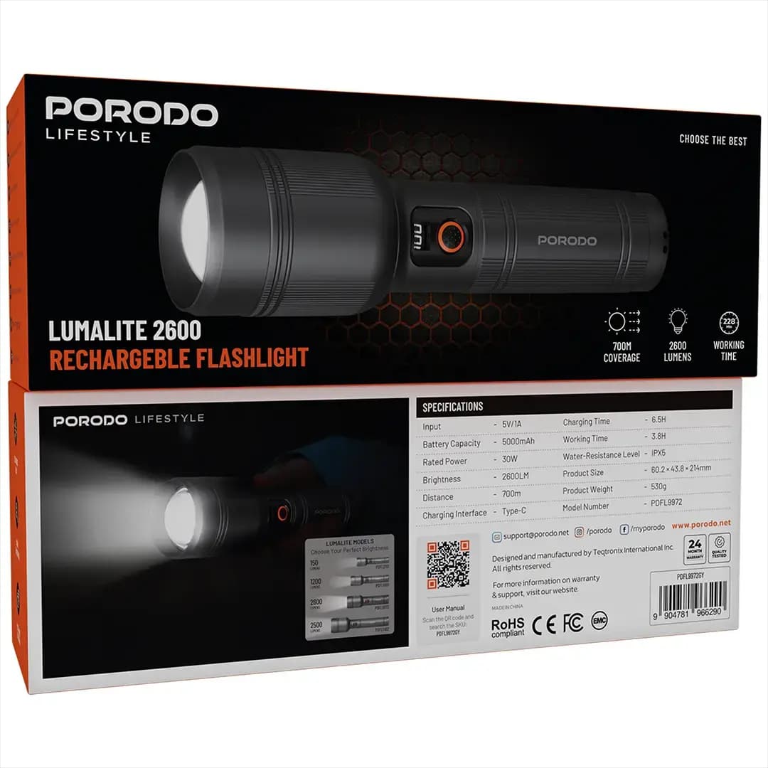 چراغ قوه شارژی پرودو مدل Porodo Lifestyle Lumalite 2600 Rechargeable Flashlight PDFL9972GY | چراغ قوه حرفهای کمپینگ — تصویر ۶