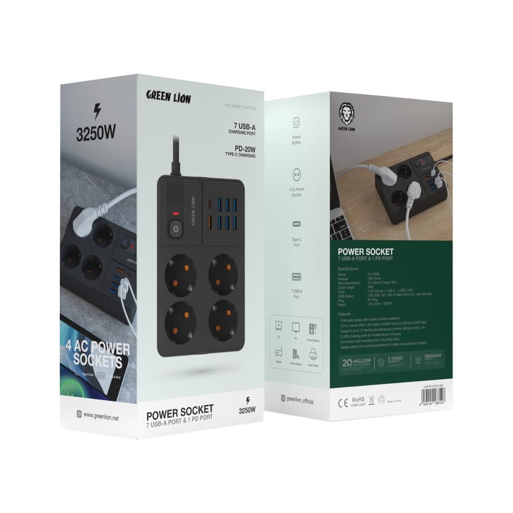 چندراهی برق گرین لاین مدل Green Lion EU Power Socket 7 USB-A + 1 PD Port GLPS8A | شارژر و محافظ برق چندکاره — تصویر ۲