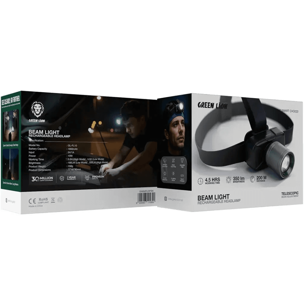 چراغ پیشانی گرین لاین مدل Green Lion Beam Light Rechargeable Headlamp GNBMRLMPBK | هدلامپ شارژی قوی 350 لومن — تصویر ۲