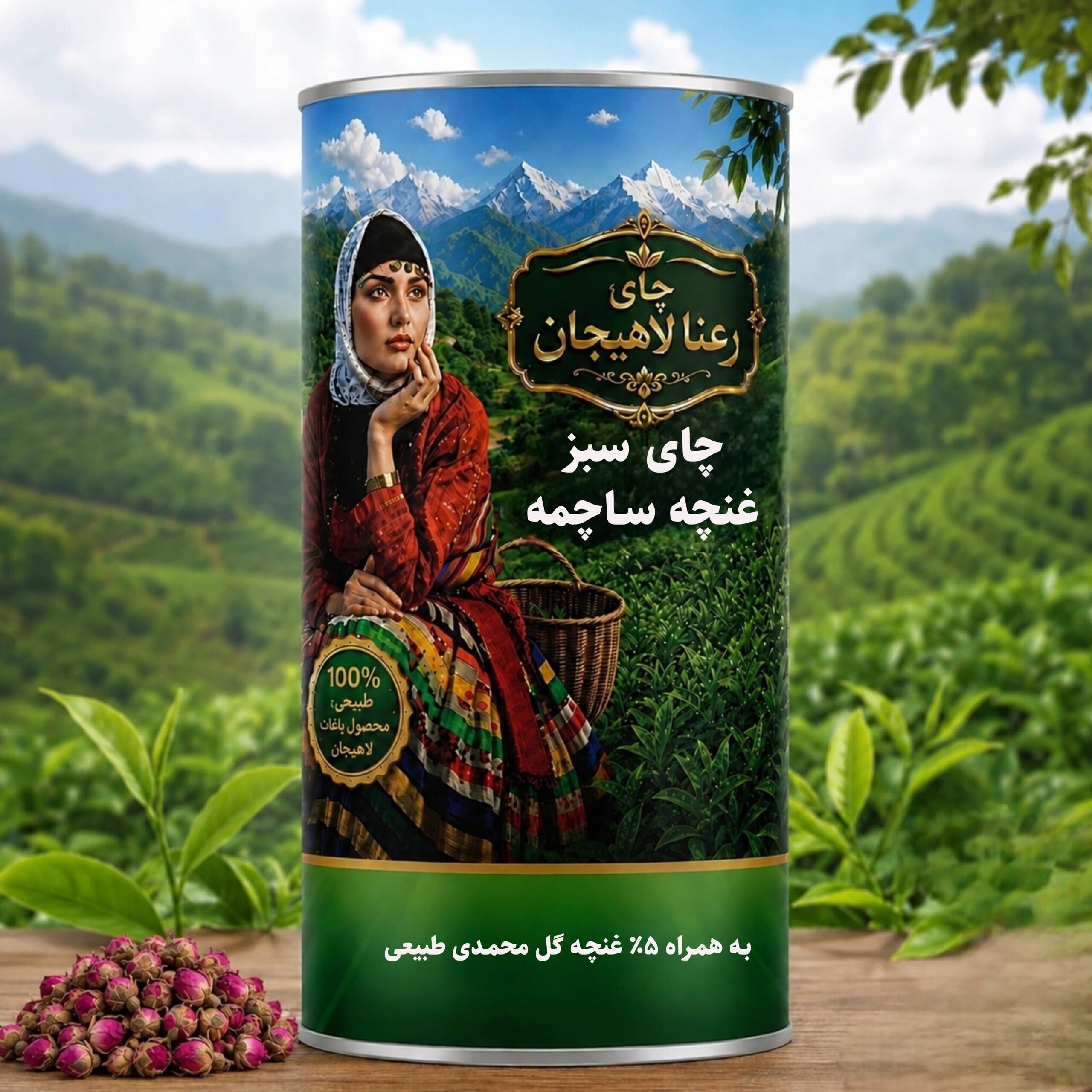 چای سبز غنچه ساچمه(لاغری) تازه چین رعنا لاهیجان به همراه 5% غنچه گل محمدی طبیعی