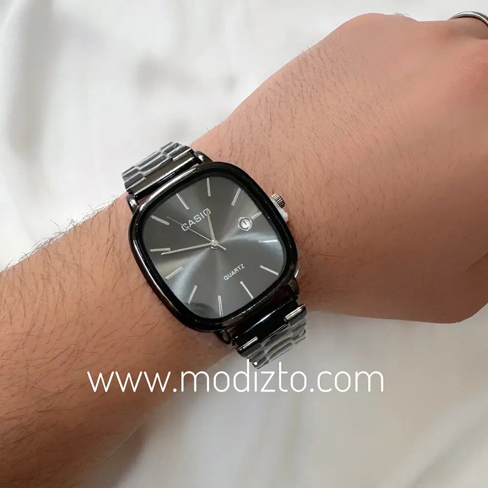 ساعت مچی اولد مانی کاسیو مردانه فول مشکی صفحه مربع مشکی کلاسیک تقویم دار — تصویر ۲