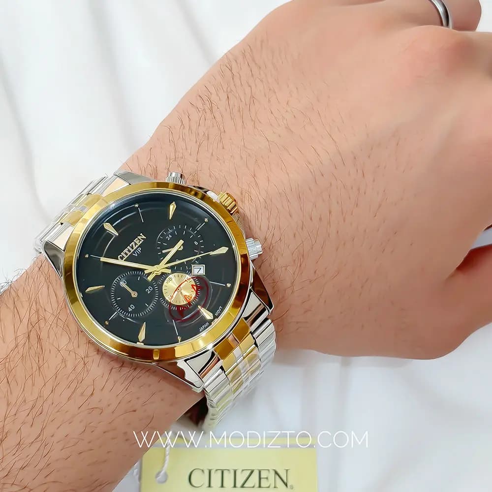 ساعت مچی مردانه دو رنگ سیلور طلایی مدل سیتیزن وی آی پی CITIZEN Vip طرح سه موتوره تقویم دار — تصویر ۳