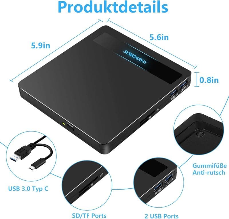 درایو سی دی اکسترنال ۵ در ۱ برای مک بوک SOMDARHK با دو پورت USB و SD/TF — تصویر ۷