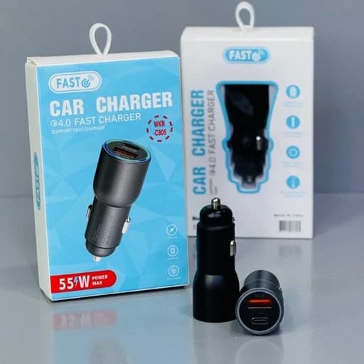 شارژر فندکی فلزی نقره ایFAST مدل WKN-C805 با توان 55 وات و دو پورت خروجی